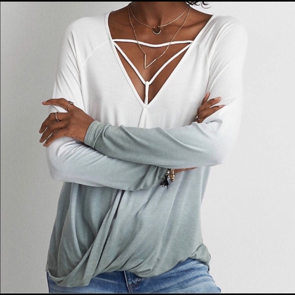 AE Soft & Sexy Cross Neck Long Sleeve Top Large